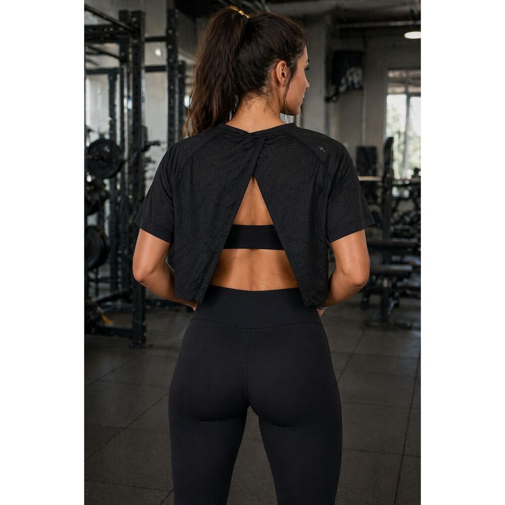 The Upside Track Mesh Crop Performance Black Active Open Back Top Women's L READ
